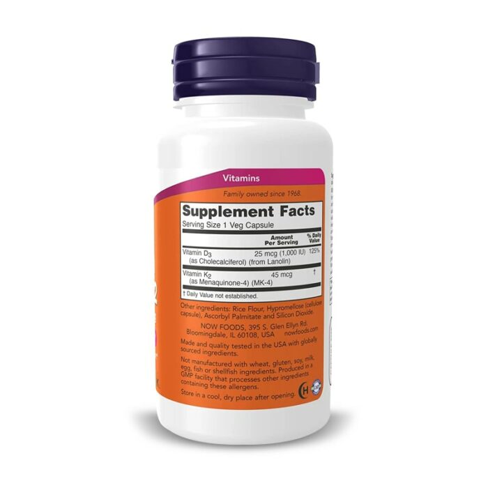 NOW Foods Vitamin D-3 & K-2, 120 VCaps – Image 2