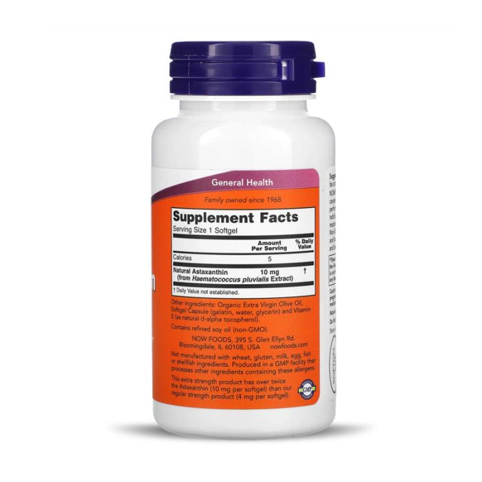 Now Foods, ASTAXANTHIN 10 MG, 60 Softgels – Image 2