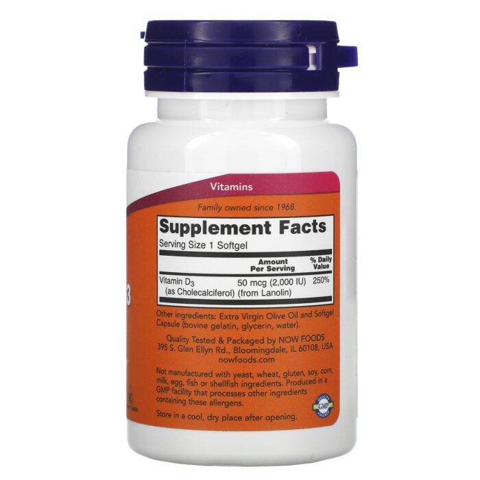 NOW FOODS Vitamine D-3 2000 IU Softgels 120 caps – Image 2